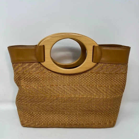 Fossil Handbag Wooven Straw Wood Handle Vintage Y2K Tan Aztec Like Pattern - Picture 1 of 8